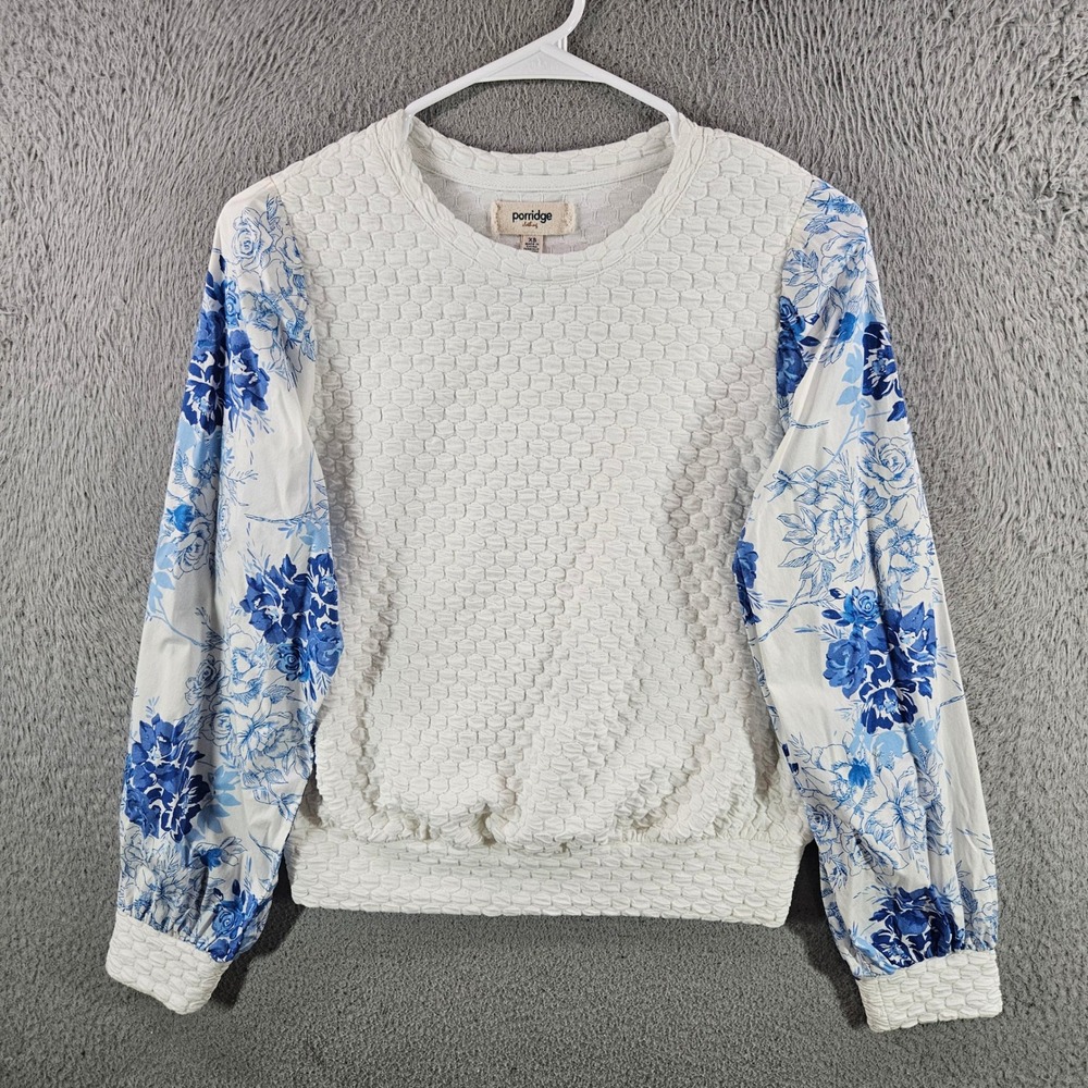 Porridge Clothing Womens XS White Bubble Knit Top Blue‎ Floral Puff Sleeve Mixed